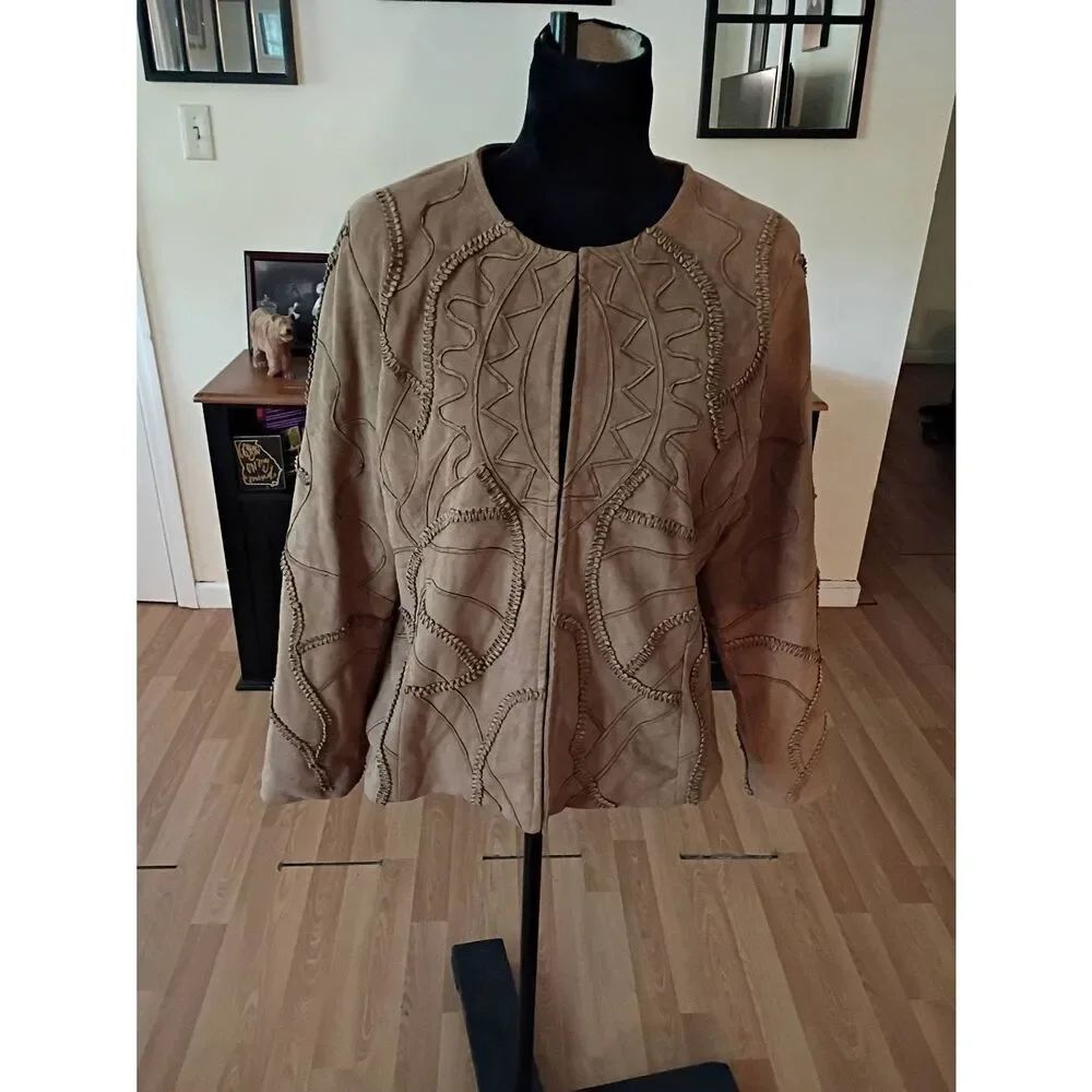 Chicos Faux Suede Open Front Whipstitch Jacket Boho Western Tan Size 2 Large